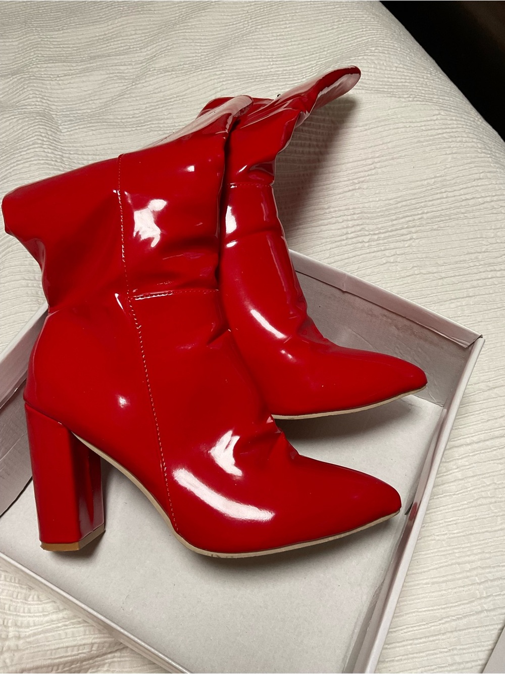 Women's Red Patent Mid-Calf Block Heel Boots